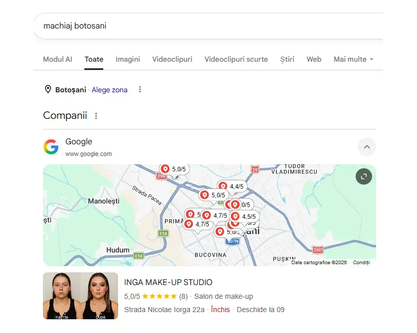 Căutarea „machiaj botoșani” pe Google — Inga Make-up Studio primul la Companii