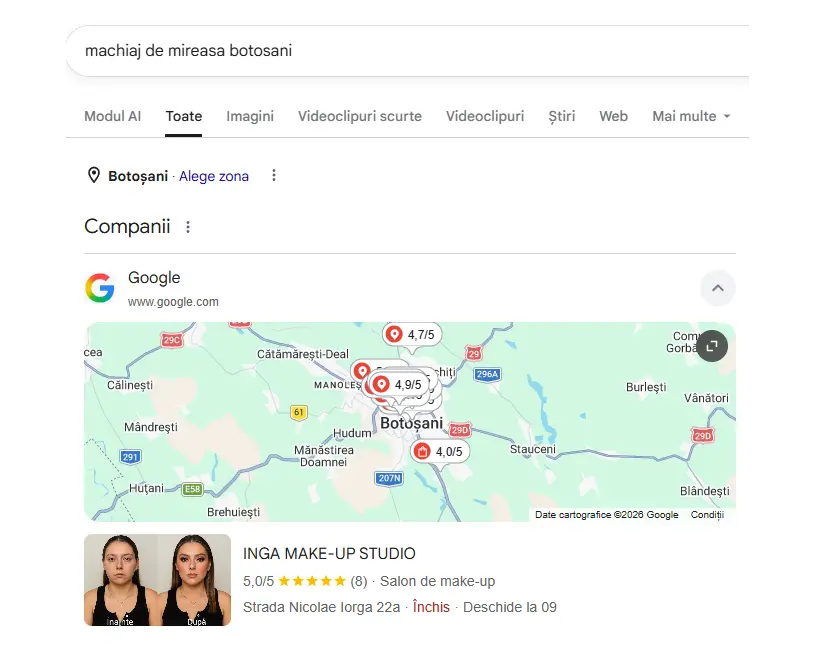 Căutarea „machiaj de mireasă botoșani” pe Google — Inga Make-up Studio primul la Companii