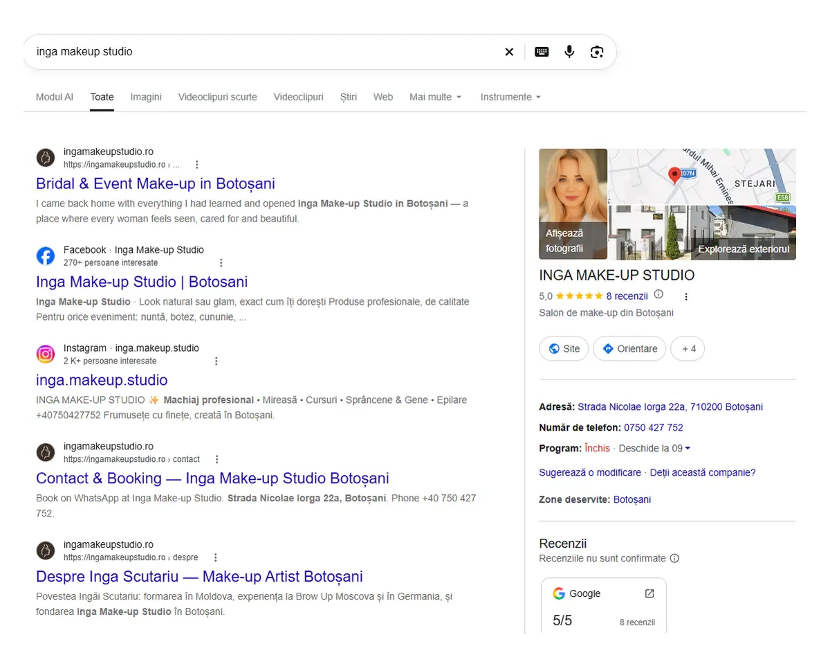 Căutarea „inga makeup studio” pe Google — site-ul, rețelele sociale și profilul Google Business