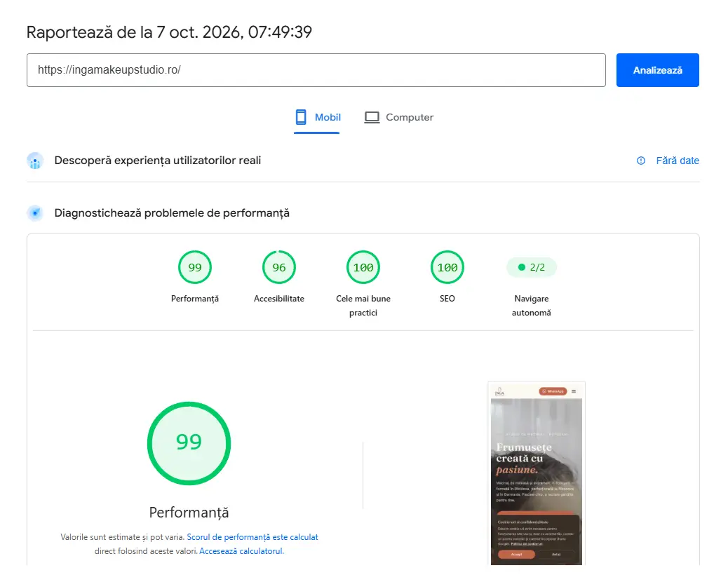 Raport PageSpeed pe mobil pentru ingamakeupstudio.ro — 99 performanță, 96 accesibilitate, 100 bune practici, 100 SEO