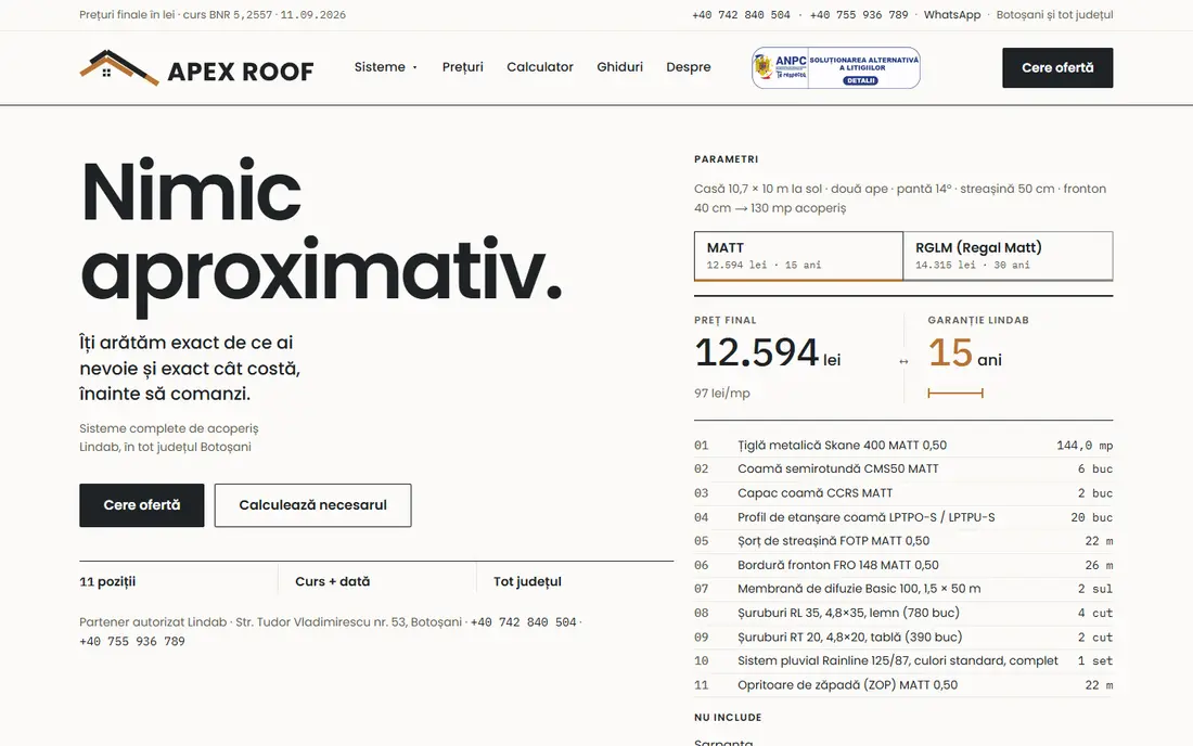 Pagina principală a site-ului Apex Roof